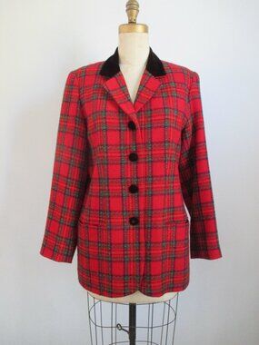 Red Wool Plaid Jacket Black Velvet Collar and Buttons